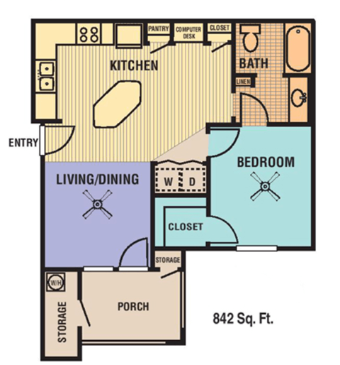 Floor plan for 1 bed, 1 bath, 842 sqft